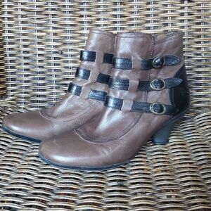Fly London Brown Leather Ankle Boots with Black Strap Accents
